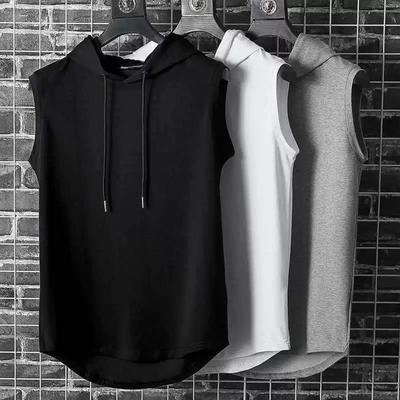 Spring and Summer Sleeveless Vest Top Men's Casual T-shirt Solid Color Hooded Sweater Lace-up T-shirt Hip-hop Men's Sweatshirt