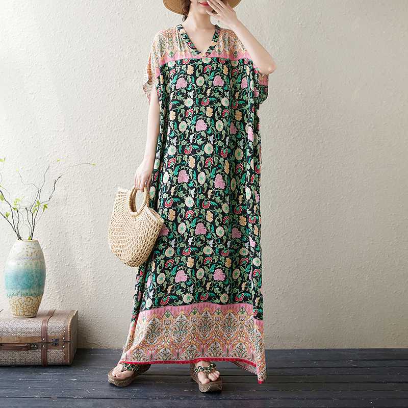 

Женские облегающие длинные платья с V-образным вырезом и цветочным принтом в стиле литературного винтажного отпуска One Size