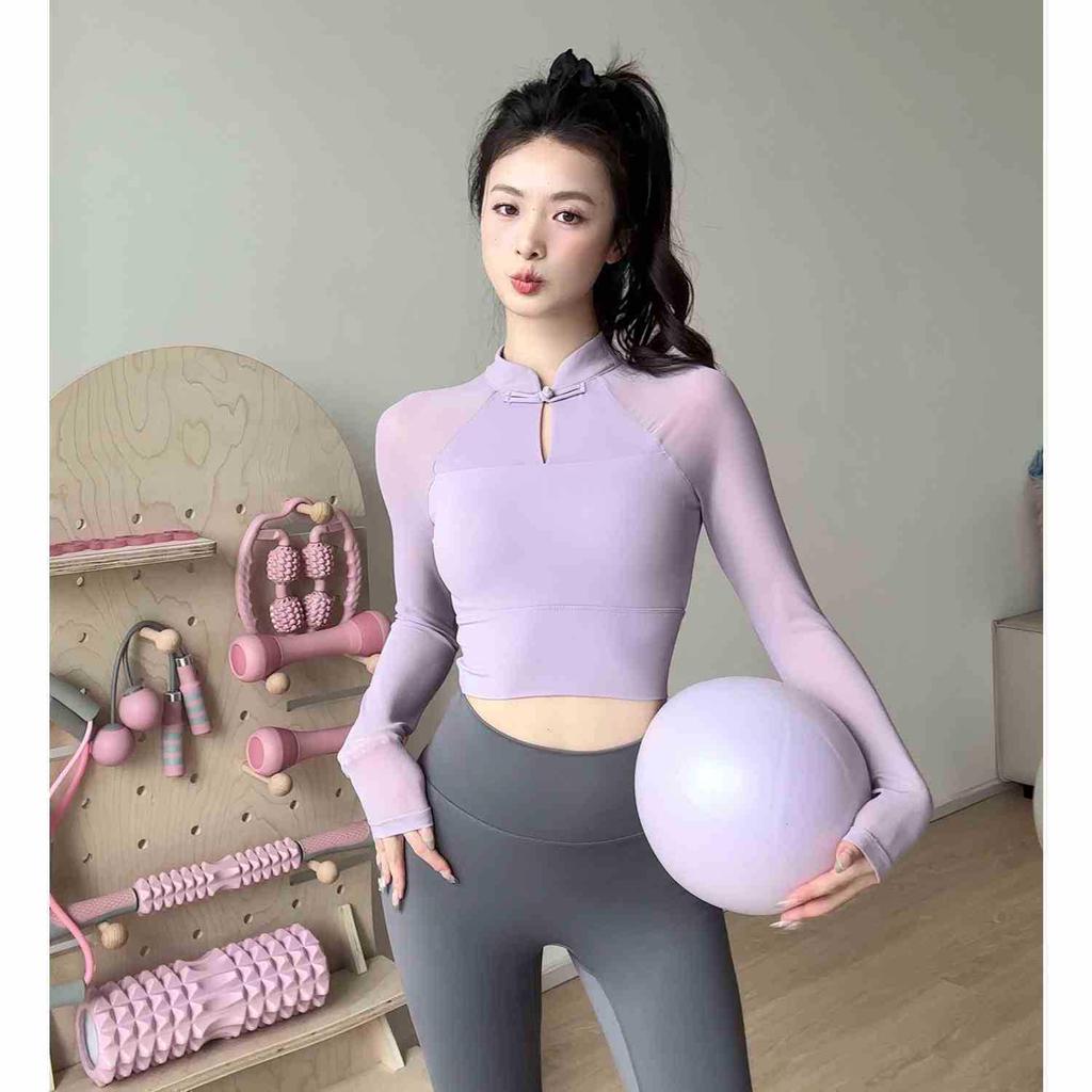 New Chinese-Style Long-Sleeve Yoga T-Shirt with Chest Pads