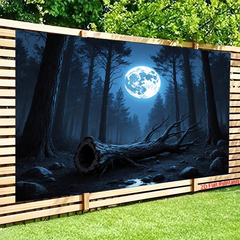 2D Full Moon Forest Banner, Dark Blue Night Woods with Fallen Tree