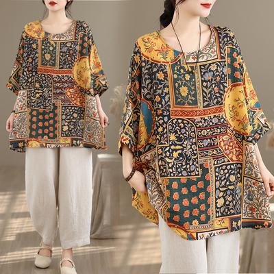 DIMANAF 2026 Plus Size New T-Shirt Women Flower Print Loose Casual O-Neck Lady Tops Tees Shirts Oversize Summer