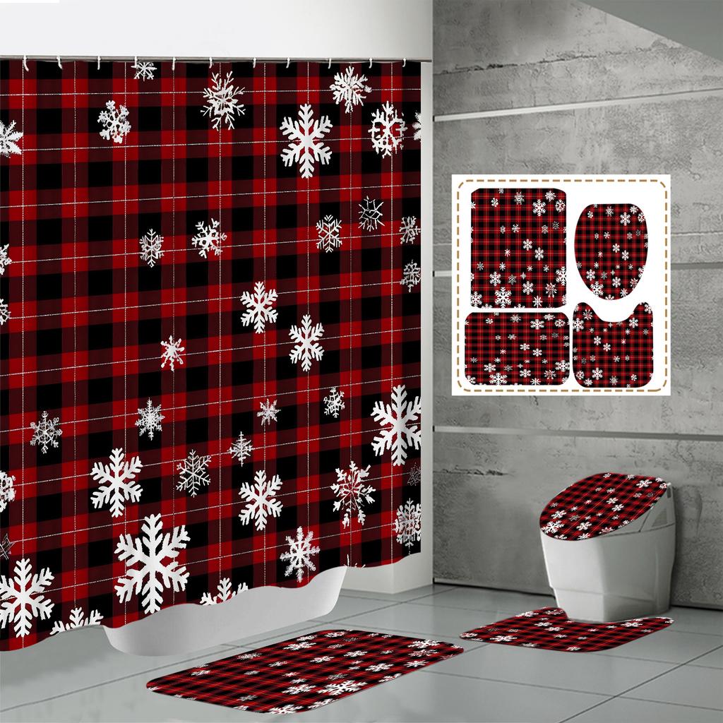 4PCS  Shower Curtain Sets With Shower Curtain And Rugs Toilet Lid Rug U Shape Mat And Bath Mat Bathroom Set  With 12 Hooks