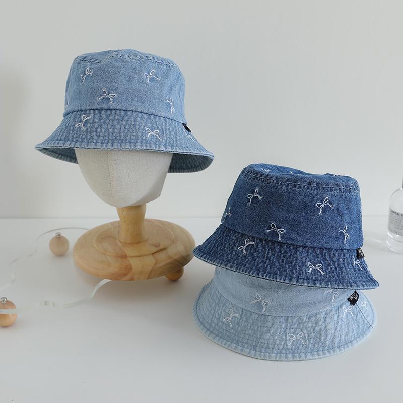 Spring Summer Baby Fisherman Hats 48-50cm Lovely Bow Pattern Kids Boys Girls Outdoor Sun Hat Fashion Denim Children Bucket Caps