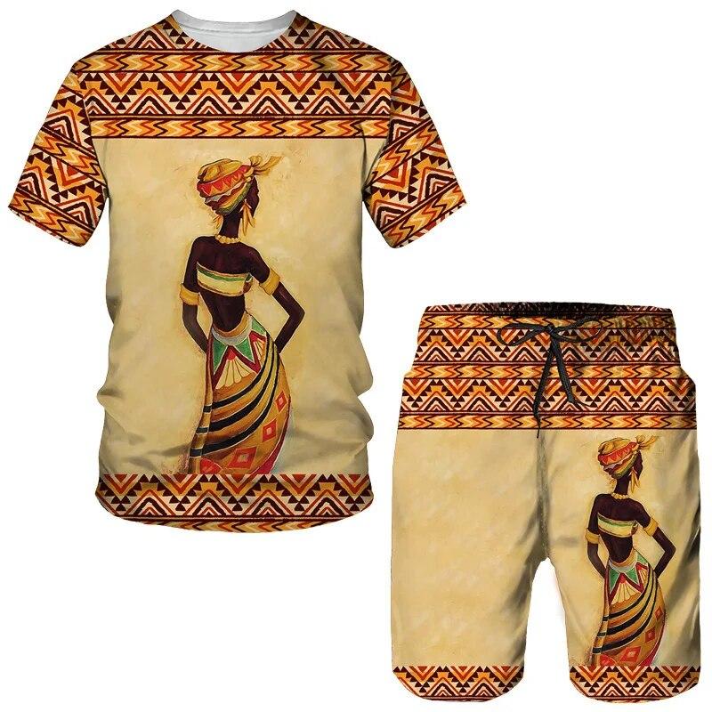 African Girl Graphic Seturi de tricouri pentru bărbați Tricou cu imprimeu 3D în stil etnic Pantaloni scurți Set din două piese Pulover supradimensionat Trening