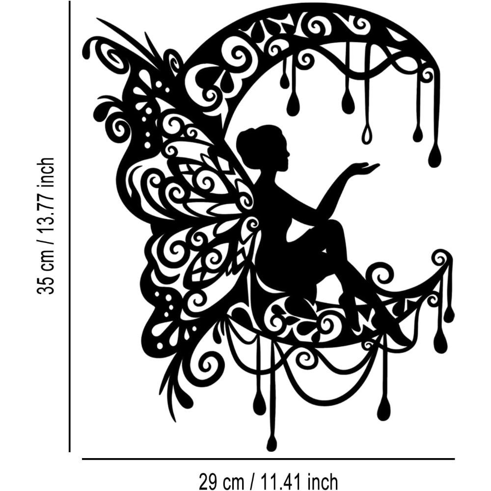 Handmade Iron Moon Flower Fairy Wall Art, Rustic Black Metal Decor for Living Room Bedroom Outdoor