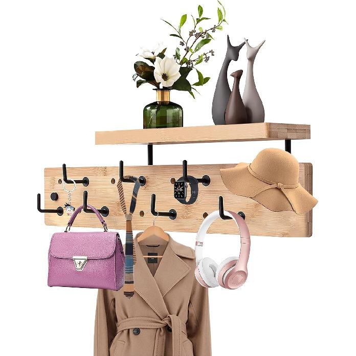 Wall Mounted Coat Rack with 8 Hooks & Storage Shelf - Multi-Functional Coat Hanger with Upper Shelf for Bathroom, Entrance, Living Room, Bedroom -