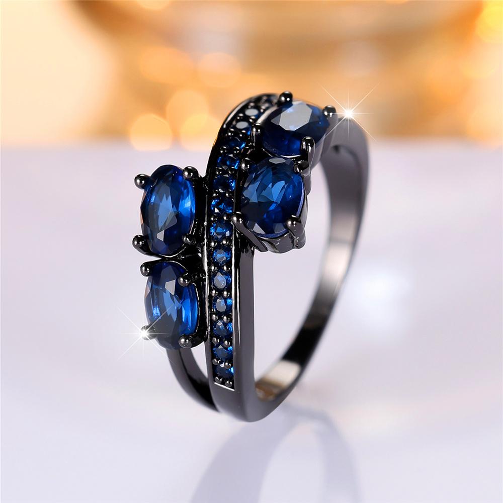 Trendy Cute Female Blue Oval Zircon Stone Ring Vintage Fashion Black Gold Color Wedding Jewelry For Women