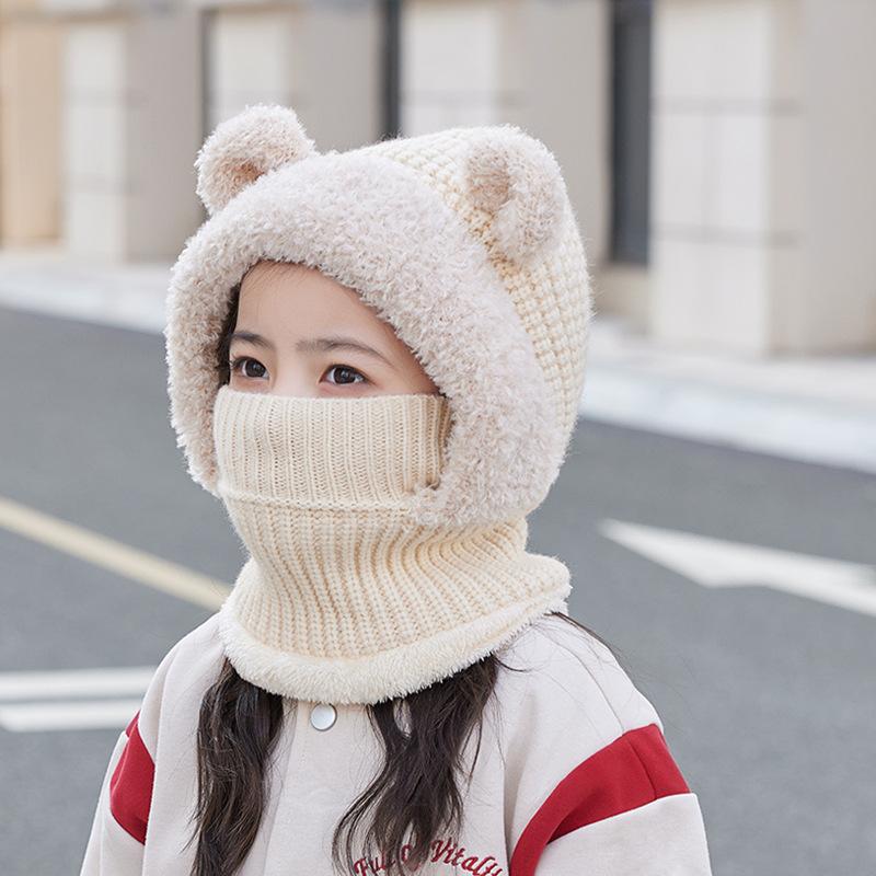 

Детская шапка зимняя уличная бархатная теплая вязаная шерстяная шапка мультяшная милая маска медведя шарф интегрированная шапка