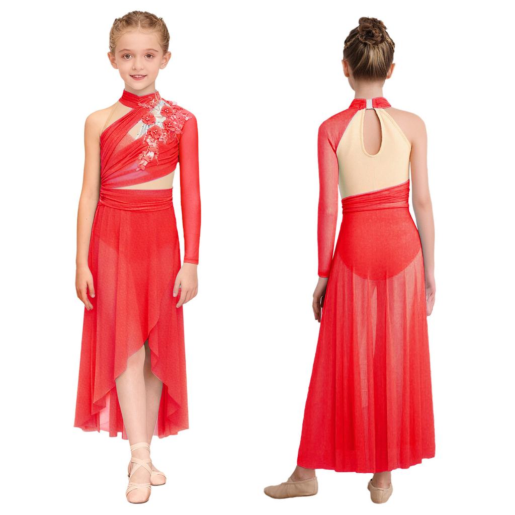 Sukienka do występu tanecznego lirycznego dla dziewczynek: Elegancka aplikacja z tyłem na klucz, rozcięciem z boku i asymetrycznym marszczonym designem z siateczki