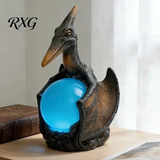 Hand-painted Dragon Lamp Pterosaur Night Light, Resin Gothic Table with Glowing Faux Crystal Bedroom Lighting Ball, Fantasy Desk Decor for Office,
