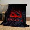 A red logo with a textured design over a black circular grid pattern. for all seasons blanket lunch break throw gift