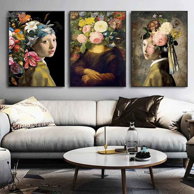 Famous Portrait Mona Lisa, The Girl with Pearls Flowers Oil Painting Prints On Canvas Vintage Mural Poster Cuadros Wall Art