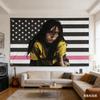 1 Stück Billie Eilish Amerikanische Flagge Wandteppich Polyester 2D Wandkunst Rosa Akzent Schwarz Weiß Dekor für Schlafzimmer Wohnzimmer Musik Fa