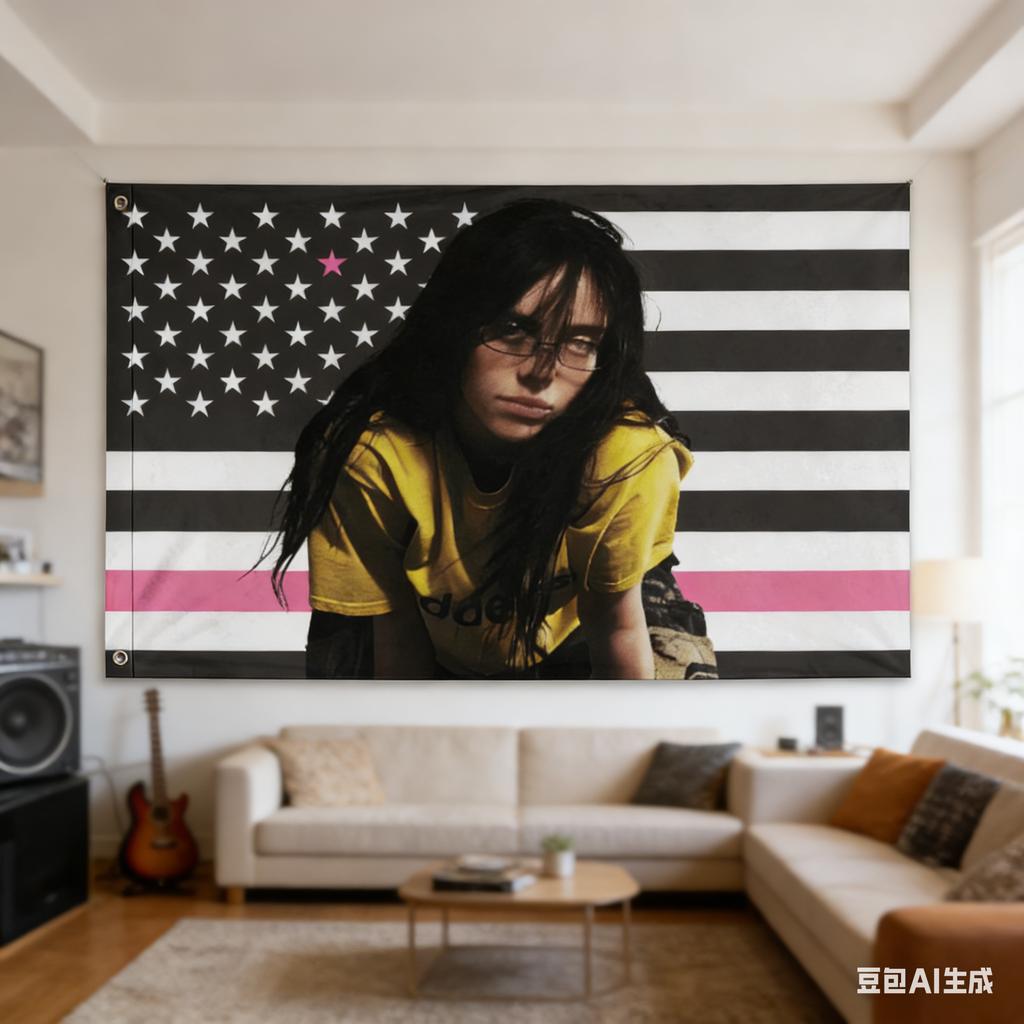 1 Stück Billie Eilish Amerikanische Flagge Wandteppich Polyester 2D Wandkunst Rosa Akzent Schwarz Weiß Dekor für Schlafzimmer Wohnzimmer Musik Fa