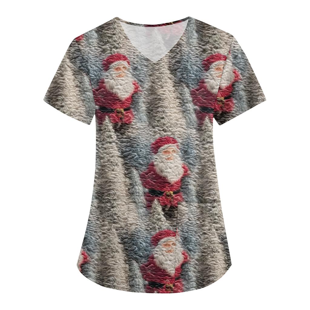 Women's Fashion V-Neck Short Sleeve Overalls With Pockets Christmas Printed Tops  Clothes