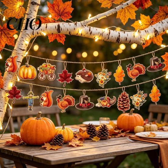 Wooden Turkey Ornament 12/24/36Pcs Thanksgiving Hanging Decoration, Autumn Pumpkin Maple Leaf Decoration Ornament, Harvest Festival Party Decor