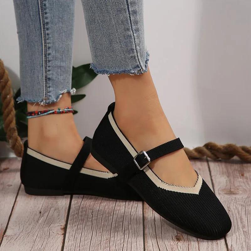 Seasons Women's Shoes Elegant Ballet Flats Fashion Pumps Buckle Strap Mary Jane Shoes Knitted Fabric Casual Shoes Ladies Loafers