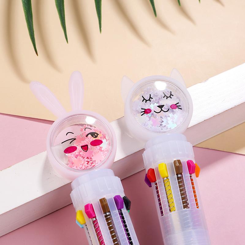 Korean 10-Color Glitter Rabbit & Cat Ballpoint Pen Set - Multifunctional & Transparent for Journaling
