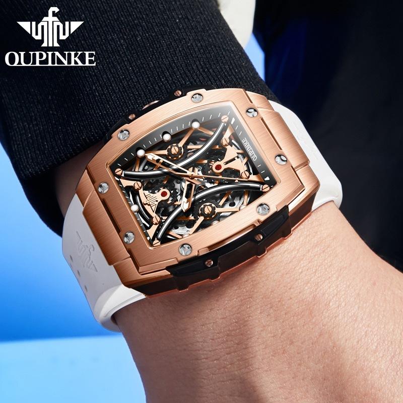 OUPINKE Zegarek Hollow Barrel Mechaniczny zegarek Moda Silikon Wodoodporny Męski zegarek Męski zegarek