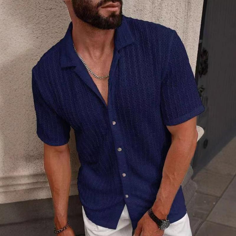 Men's Textured Short Sleeve Shirt Casual Cuban Collar Button-Up Summer Top