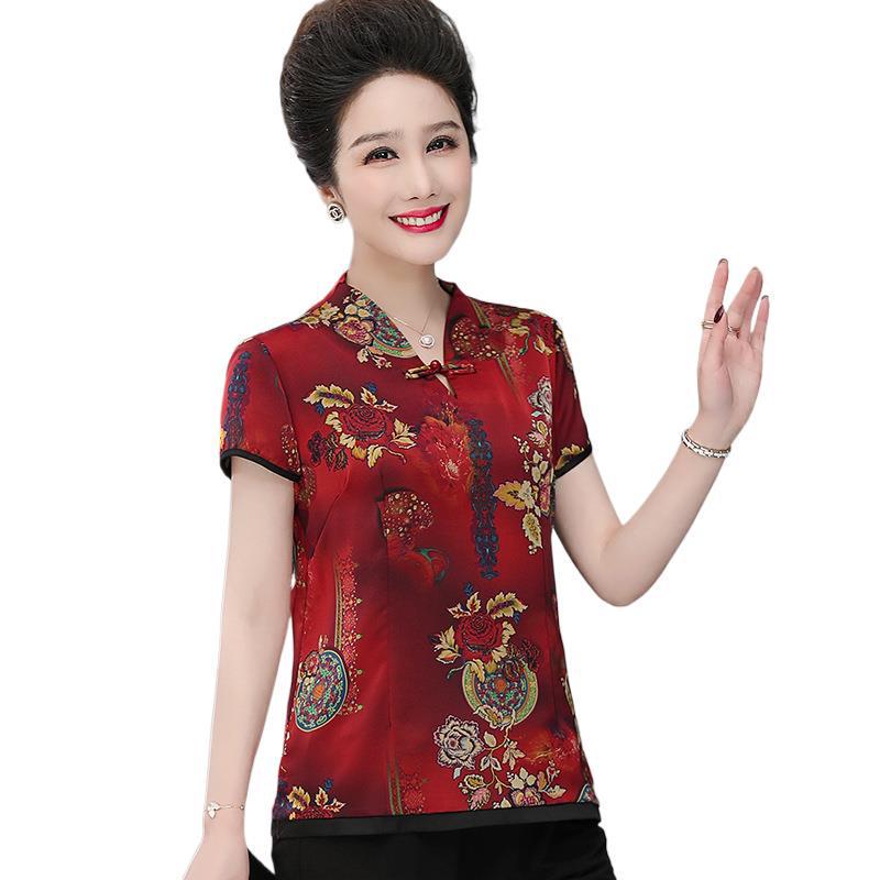 Sophisticated 60-Year-Old Women's Mulberry Silk Summer T-Shirt - Loose Fit, Short Sleeves, Tang Suit Style