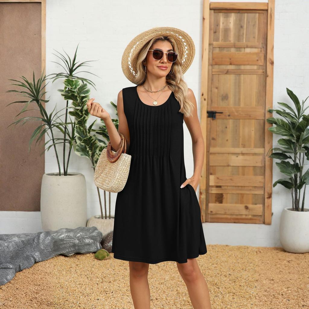 Damska Moda Casual Kolorowy Nadruk Kamizelka Luźna Sukienka z Kieszeniami