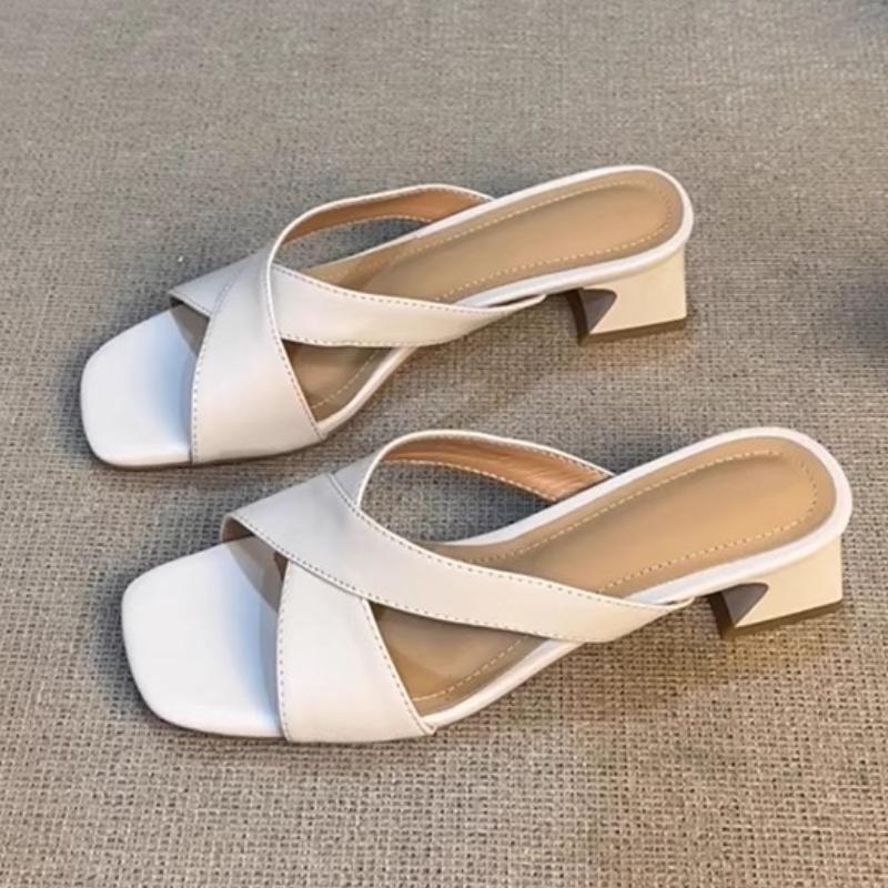 Fashion Cross Tied Design Brand High Heel Slippers Women Comfortable Concise Square Toe Slide Sandals Summer Sexy Open Toe Beach Sandals