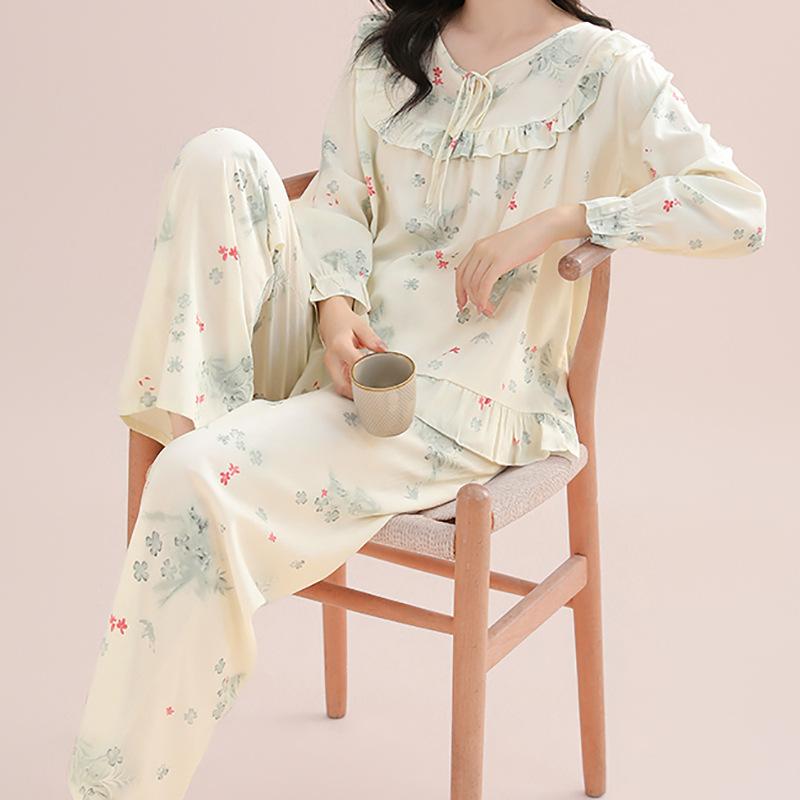 New Women's Cotton Silk Pajamas, Breathable and Loose Double Long Set, Lace Lace Loungewear, Soft and Comfortable