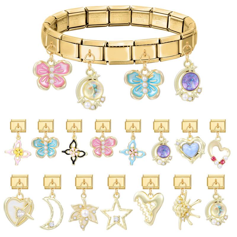 Vintage Pearls Zircon Bow Heart Butterfly Gold Color Pendant Italian Charm Links Stainless Steel Fit 9mm Bracelet DIY Jewelry