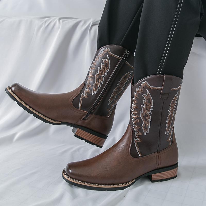 Designer Men's Retro Western Cowboy Boots Mens Fashion Patchwork Embroidery Mid-calf Leather Boot Designer Casual Shoes For Men