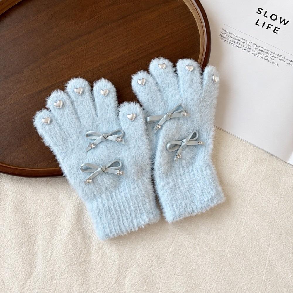 Kawaii Bow Warm Gloves Thickened Cycling Gloves Korean Style Knitted Knitting Wool Gloves