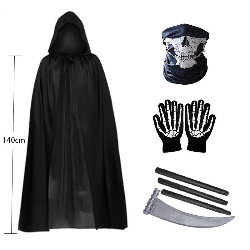 Set Costume Mietitore di Ossa di Halloween con Mantello Nero, Mantellina e Falce per Bambini e Adulti