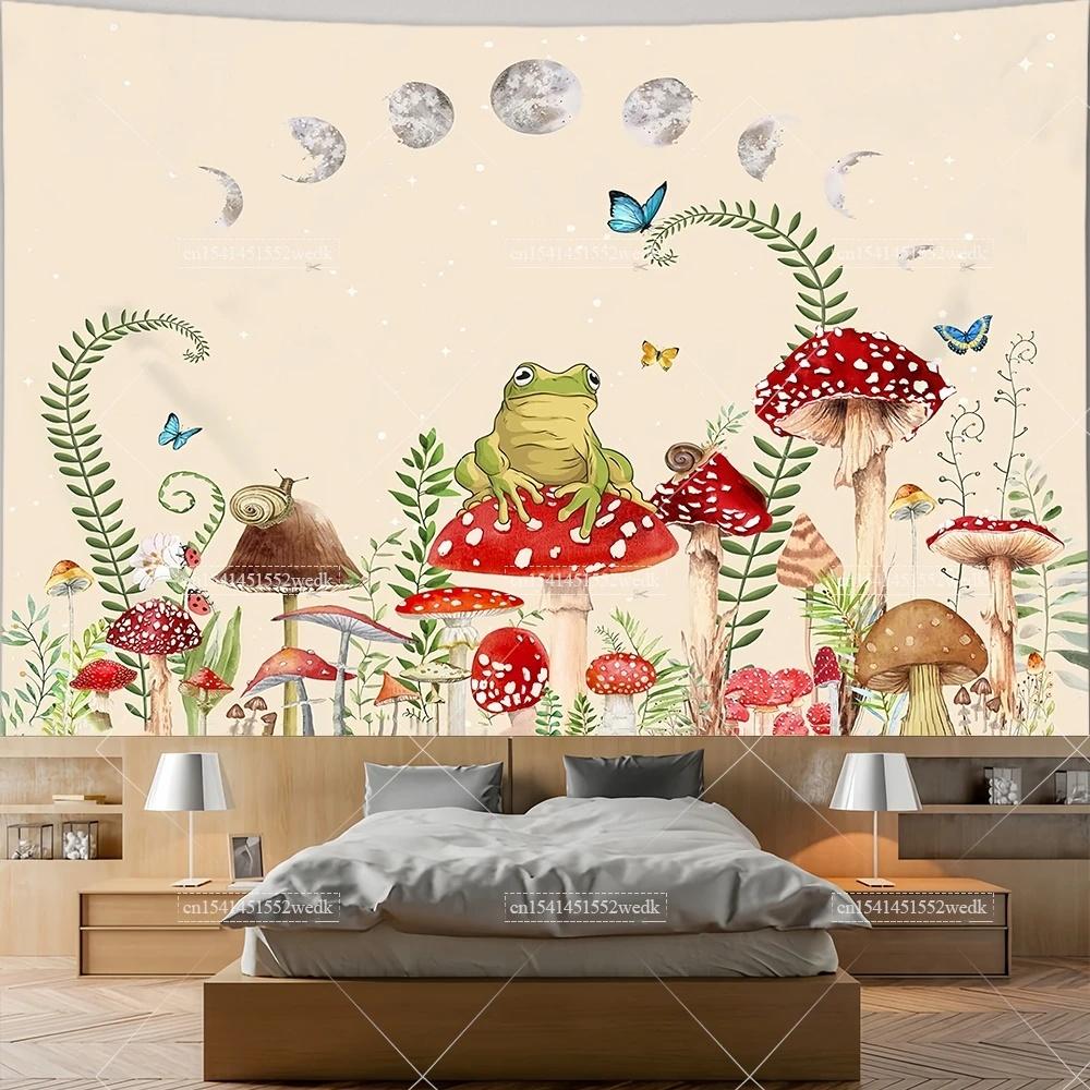 Mushroom Tapestry Moon Star Tapestries Butterfly Snail Frog Tapestrys Aesthetic Room Decor Starry Night Green Plant Tapastrys