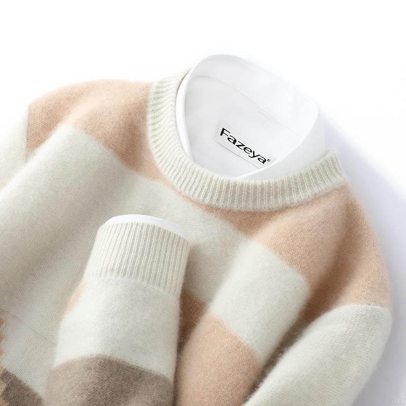 

Men s Thick 100% Wool Color Block Round-Neck Sweater for Autumn/Winter - Loose Casual Knitwear XL бежевий
