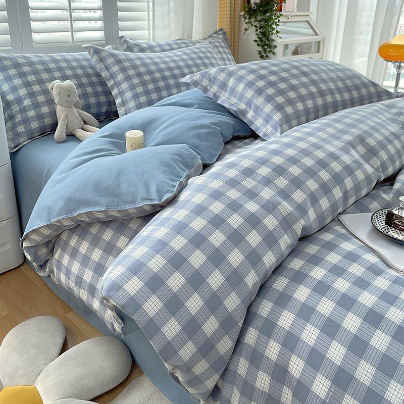 Soft Color Block Checkered Bedding Set Comfy 100% Washed Cotton Blue Plaid Duvet Cover Set King Queen Size Comforter Cover Sheet