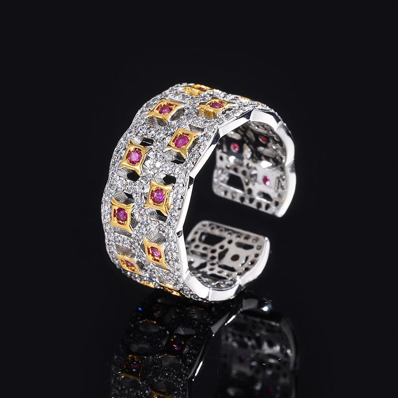 Jewelry Champagne Full Diamond Ring Simulation Red Corundum Sapphire Ring Pink Zircon Ring