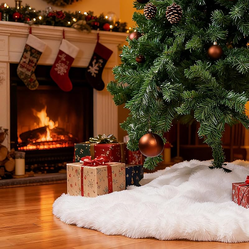 48 Inch Rabbit Fur Christmas Tree Skirt White Plush Skirt for Merry Christmas Party Christmas Tree Decoration