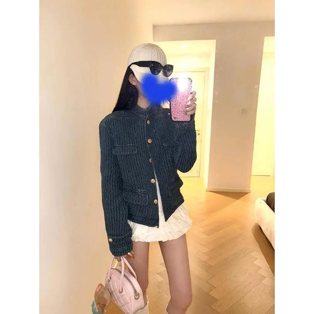Women's French Chic Blue Denim Jacket - Old Money Style, Petite Short Top, Fall 2025
