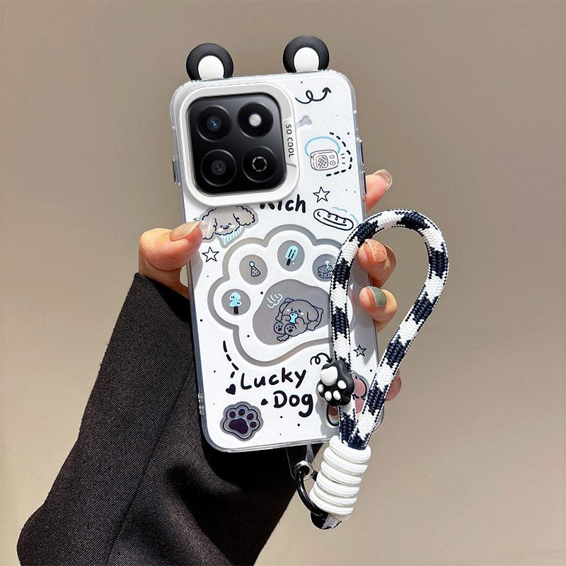 KEYSION Cute Ear Cartoon Case for HONOR X7c with Lanyard Soft Silicone+PC Shockproof Phone Cover for Huawei Honor 200 Smart 5G