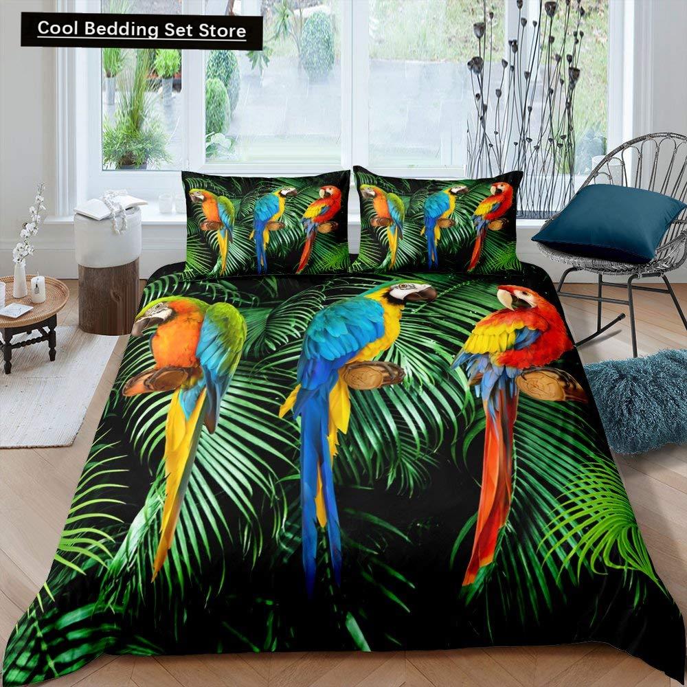 Parrot King Queen Duvet Cover Colourful Feather Bedding Set Rain Trees Bird Quilt Cover Sunset Mountain Natural Comforter Cover