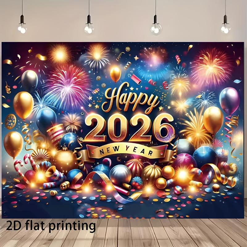 2026 New Year Party Background - Fireworks Golden Balloons and Happy 2026 Text - Flat Photography background Wedding Birthday 100x150cm