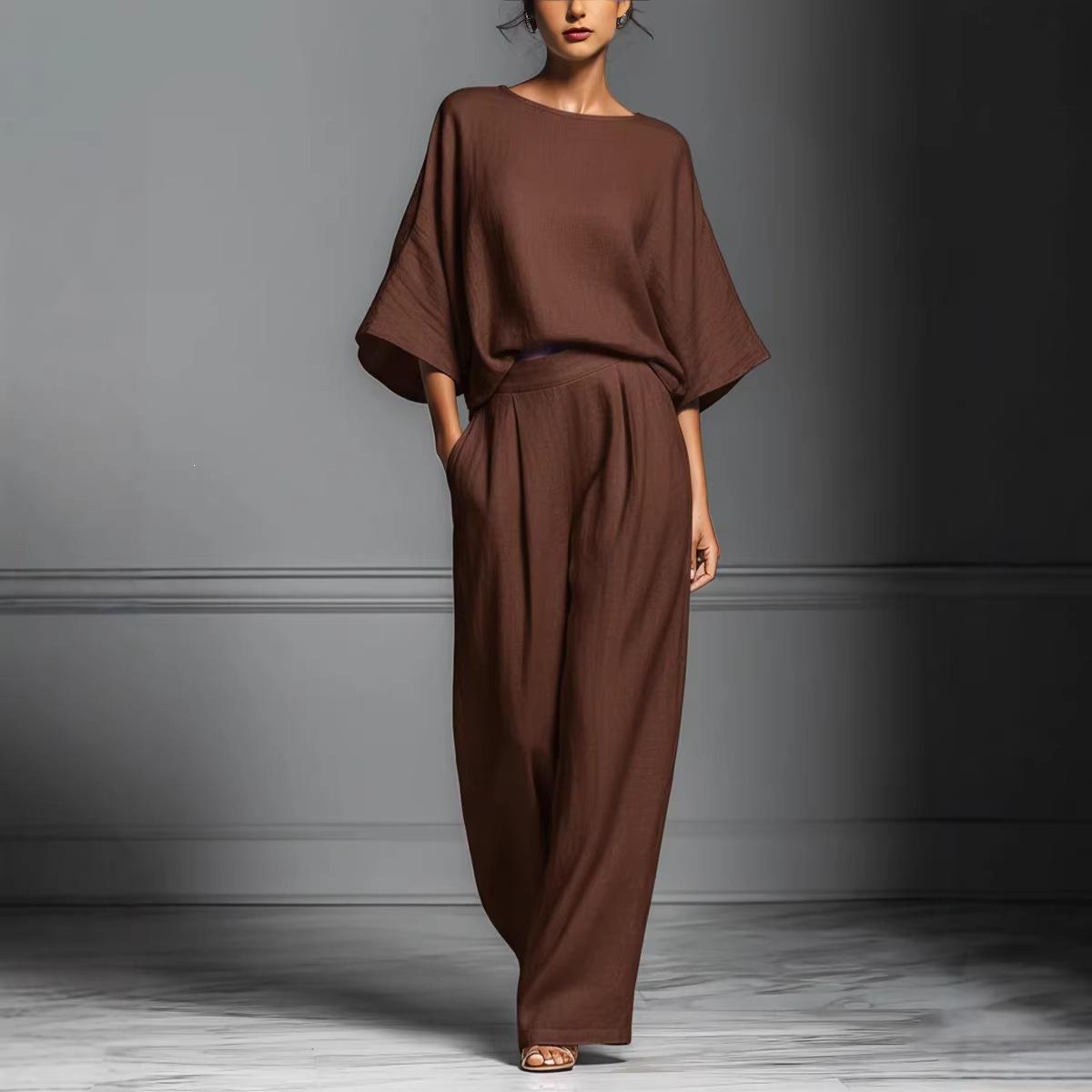 Women s clothing European and American summer casual women s clothing fashionable and elegant horn sleeve linen suit S темно-коричневого