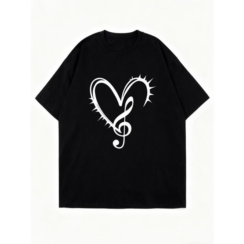Oversized T Shirt Black Heart And Musical Note Print Casual Streetwear For Women