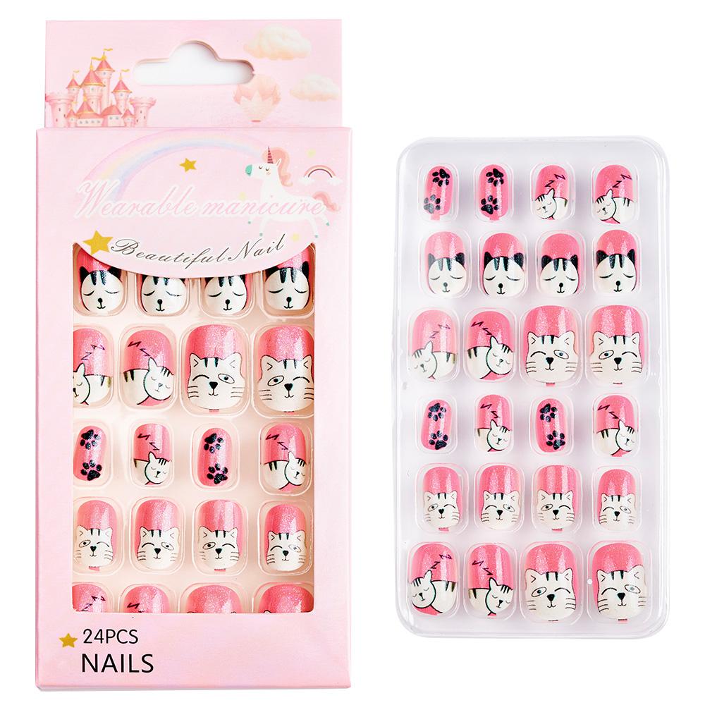 24pcs/box Candy Kids False Nail Cartoon Full Cover Press On Fake Nails Tips Kawaii Acrylic Artificial Fingernails for Girls