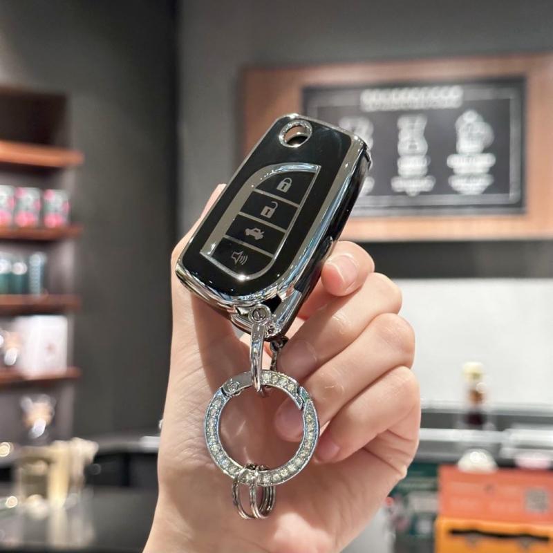 Key Fob Cover with Bling Lanyard for Toyota Fortuner Tundra Camry RAV4 Highlander Corolla Smart Key Flip Key Case Protector