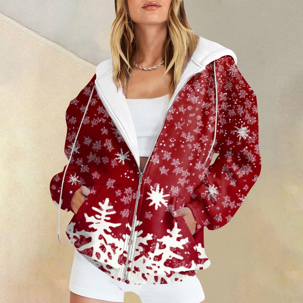 Women's Casual Fashion Printed Long Sleeve Pullover Hoodies Zipper Sweatshirts Coat