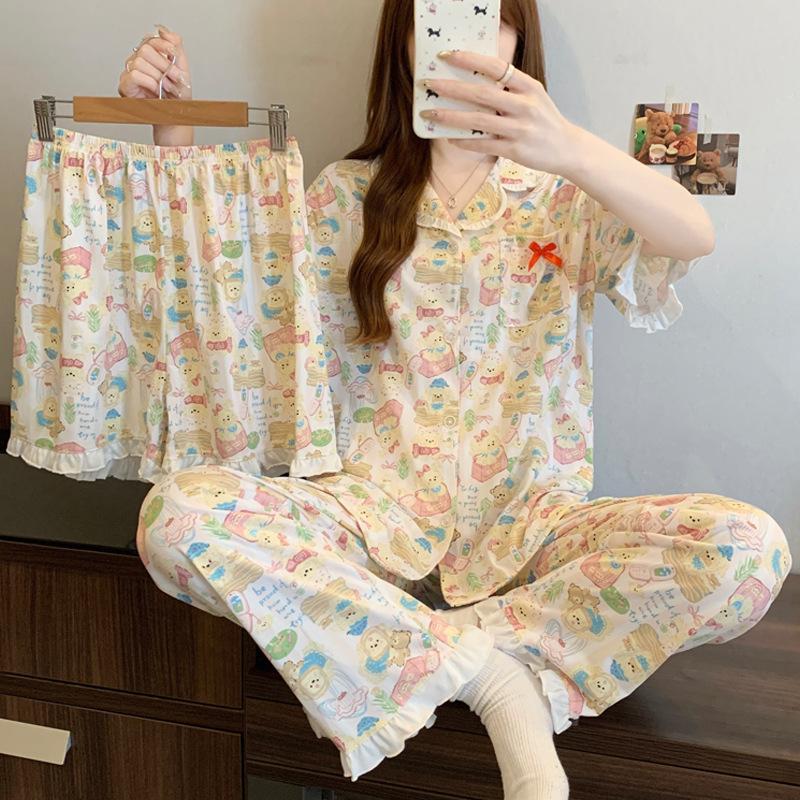 Cute girl ruffle edge short-sleeved pajamas women's summer new casual loose loungewear three-piece set