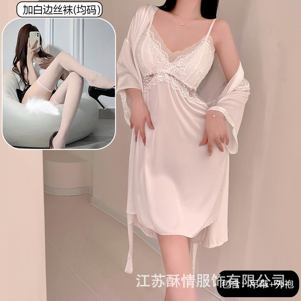 Spring and Summer Sexy Nightdress Lace Temptation V-neck Gathering Ice Silk Suspender Nightdress Backless Chest Pad Suspender Nightdress Set