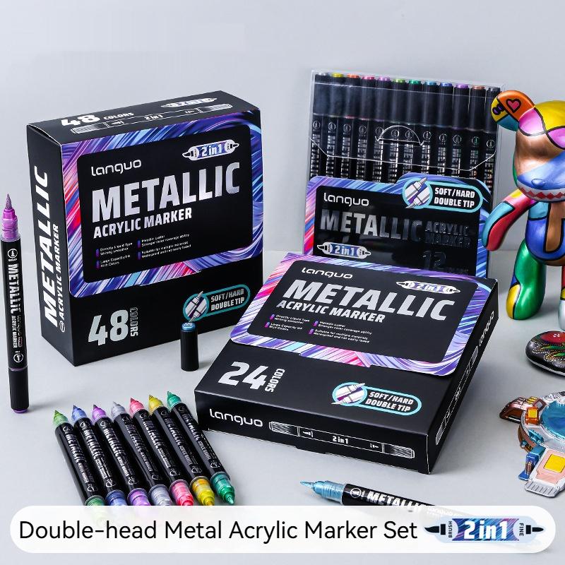 12/24/48Colors Brush Metallic Marker Pens Dual Tip Permanent Art Marker for Manga Crafts Scrapbooking School Stationery Supplies