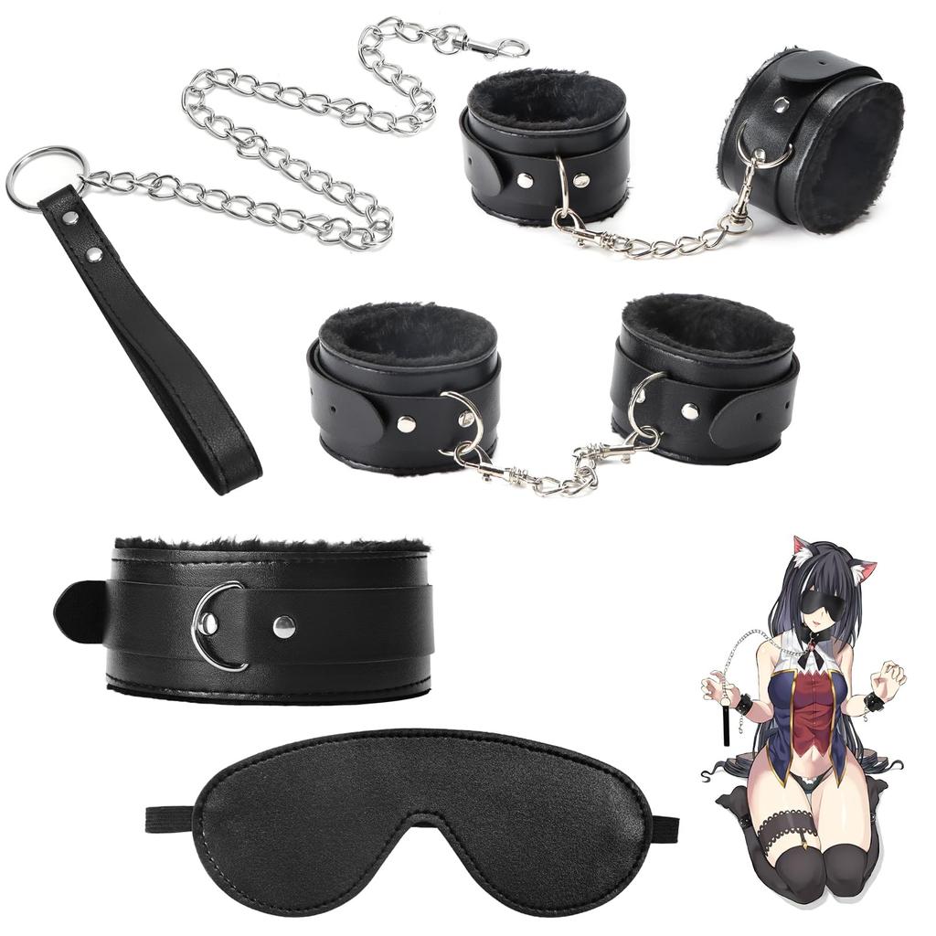 Ninonly SM Goods SM Set Restraints 5 Piece Set Handcuffs Leg Shackles Eye Mask Collar Chain SM Play Adjustable Rut Relief (Black)
